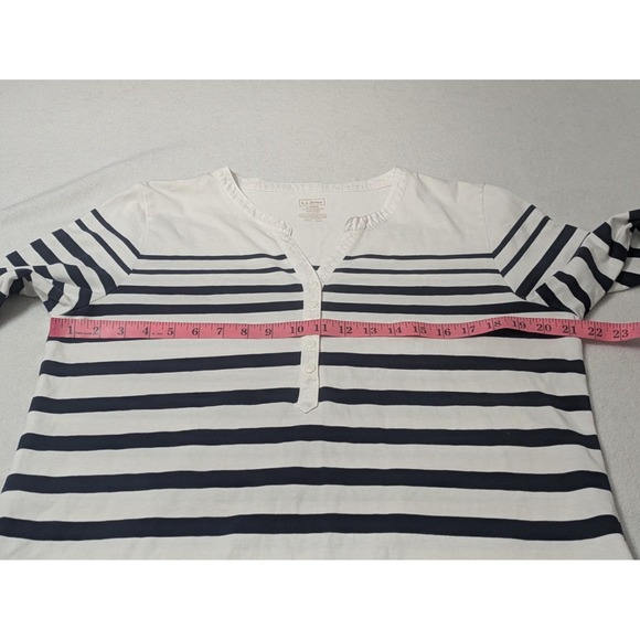 LL Bean Large Top Striped 3/4 Sleeve Button Cotton Blouse White Blue Nautical - Picture 9 of 11